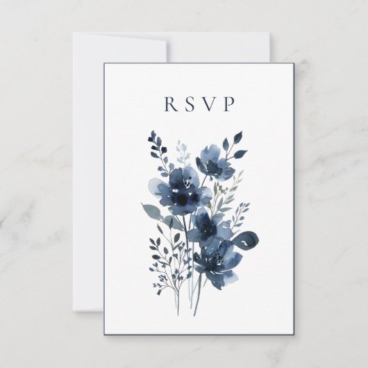 Navy Blue Botanical Wedding 出欠カード (正面)