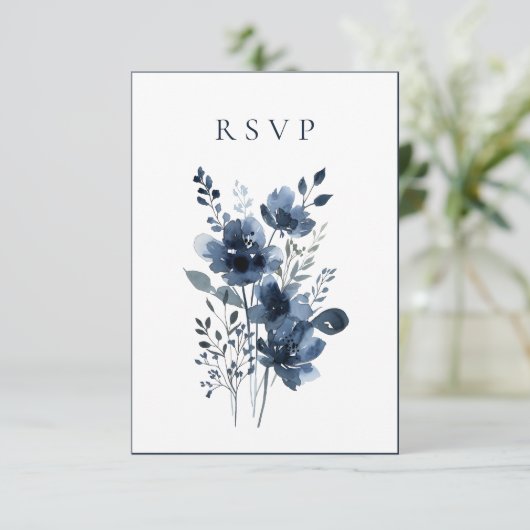 Navy Blue Botanical Wedding 出欠カード (スタンド正面)