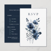 Navy Blue Botanical Wedding 出欠カード (正面/裏面)