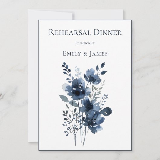 Navy Blue Botanical Wedding 招待状 (正面)