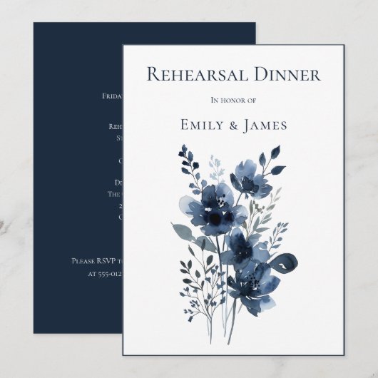 Navy Blue Botanical Wedding 招待状 (正面/裏面)