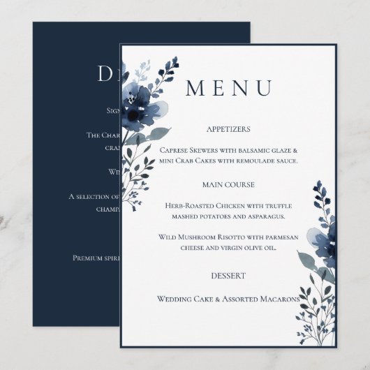 Navy Blue Botanical Wedding Menu メニュー (正面/裏面)