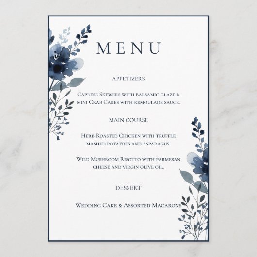 Navy Blue Botanical Wedding Menu メニュー (正面)