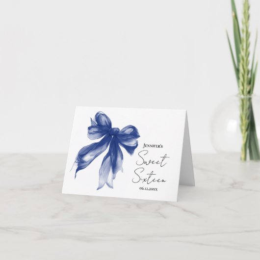 Navy Blue Bow Coquette Script Sweet 16 Thank You  サンキューカード (正面)