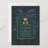 Navy Blue Bow Plaid Teddy Bear Boy Baby Shower 招待状 (正面)