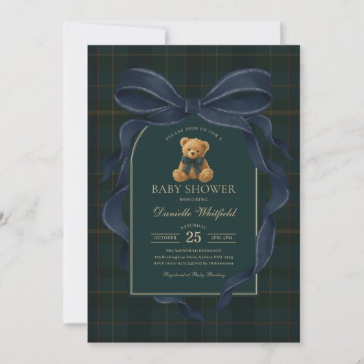 Navy Blue Bow Plaid Teddy Bear Boy Baby Shower 招待状 (正面)