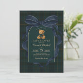 Navy Blue Bow Plaid Teddy Bear Boy Baby Shower 招待状 (スタンド正面)