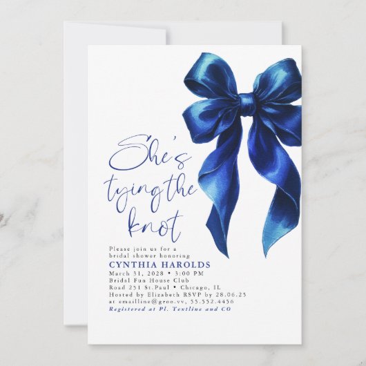 Navy Blue Bow She's Tying the Knot Bridal Shower 招待状 (正面)