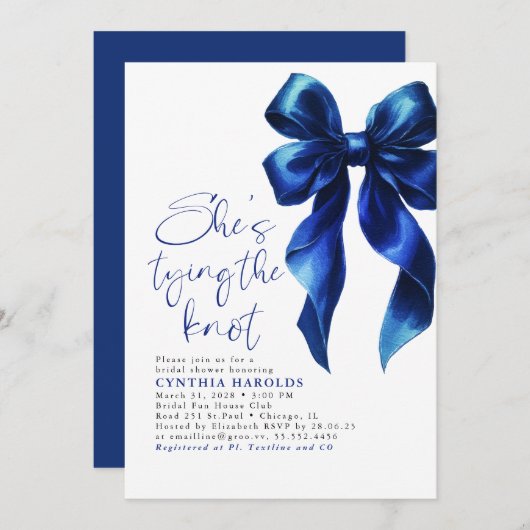 Navy Blue Bow She's Tying the Knot Bridal Shower 招待状 (正面/裏面)