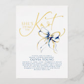 Navy Blue Bow She's Tying The Knot Bridal Shower 箔招待状 (正面)