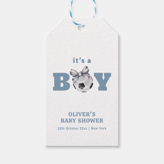 Navy Blue Bow Soccer Boy Thank You Baby Shower ギフトタグ (正面)