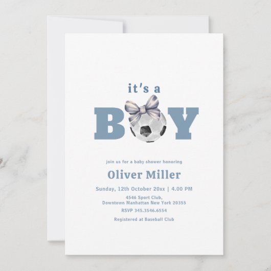 Navy Blue Bow Soccer Sport Baby Shower 招待状 (正面)