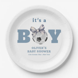 Navy Blue Bow Soccer Sport Boy Baby Shower  ペーパープレート
