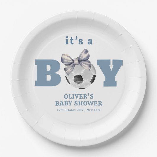 Navy Blue Bow Soccer Sport Boy Baby Shower  ペーパープレート (正面)
