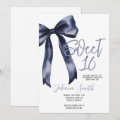 Navy Blue Bow Sweet Sixteen Girl Birthday Party 招待状 (正面/裏面)