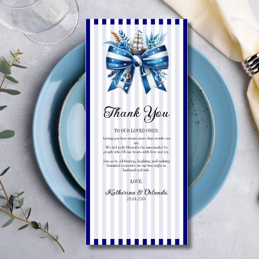 Navy Blue Bow Wedding Place Setting Thank You Card プログラム