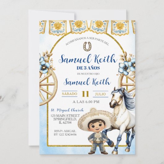 Navy Blue Boy Charro and Horse Presentacion de 3 a 招待状 (正面)