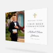 Navy Blue Boy Photo First Communion Welcome アクリルサイン (傾斜)
