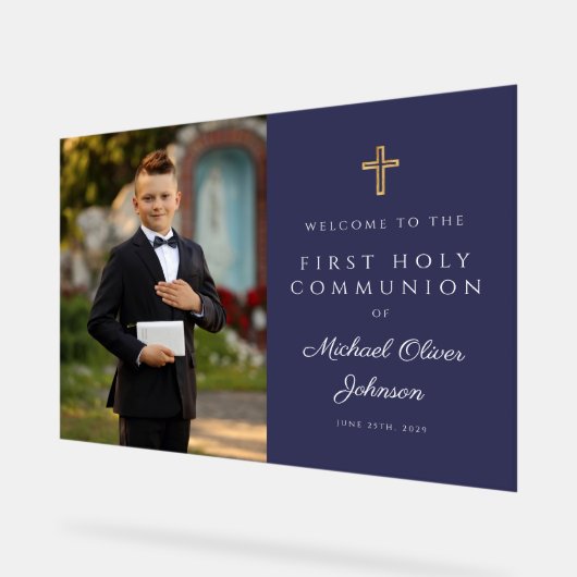Navy Blue Boy Photo First Communion Welcome アクリルサイン (傾斜)