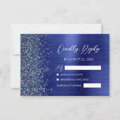 Navy Blue Brushed Metal Glitter Script Wedding 出欠カード (正面)