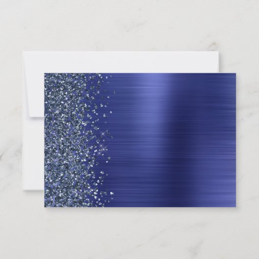 Navy Blue Brushed Metal Glitter Script Wedding 出欠カード (裏面)