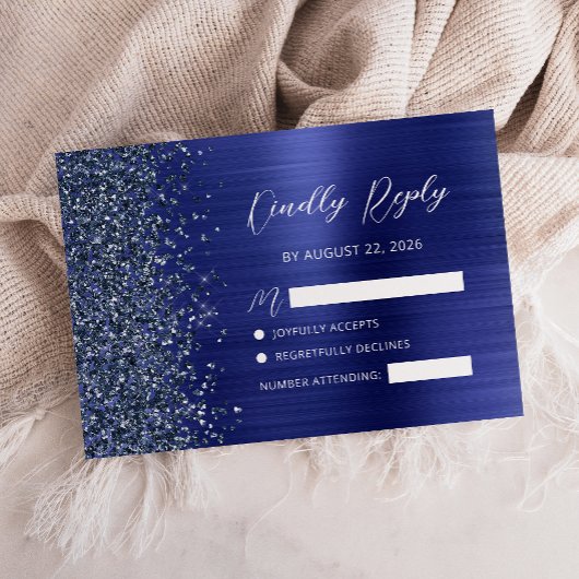 Navy Blue Brushed Metal Glitter Script Wedding 出欠カード
