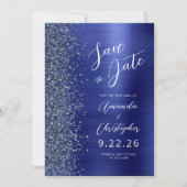 Navy Blue Brushed Metal Script Save the Date 案内状 (正面)