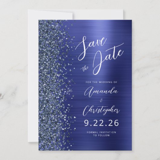 Navy Blue Brushed Metal Script Save the Date 案内状 (正面)