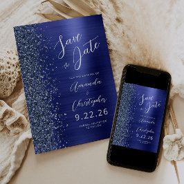 Navy Blue Brushed Metal Script Save the Date 案内状