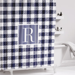 Navy Blue Buffalo Check Monogram シャワーカーテン