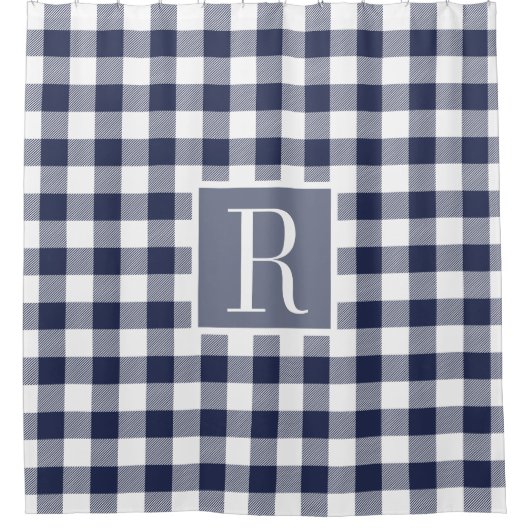 Navy Blue Buffalo Check Monogram シャワーカーテン (正面)