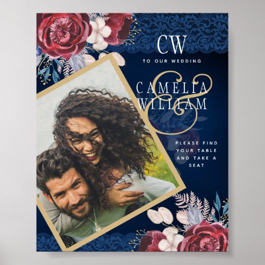 Navy Blue Burgundy Floral Lace Wedding ポスター (正面)