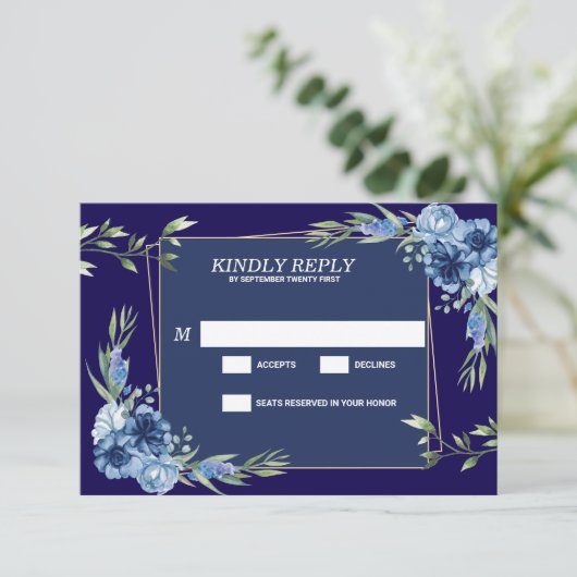 Navy Blue Burgundy Gold Blush Pink Wedding 出欠カード (スタンド正面)