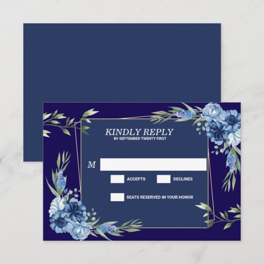 Navy Blue Burgundy Gold Blush Pink Wedding 出欠カード (正面/裏面)