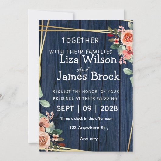 Navy Blue Burgundy Gold Blush wood Wedding  招待状 (正面)