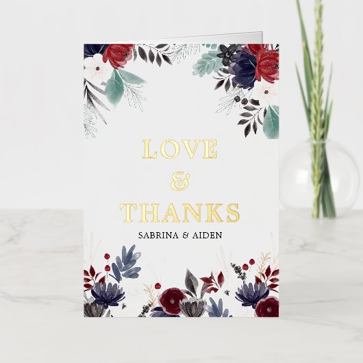 Navy Blue Burgundy Gothic Floral Wedding Thank You 箔グリーティングカード (正面)