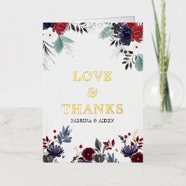 Navy Blue Burgundy Gothic Floral Wedding Thank You 箔グリーティングカード