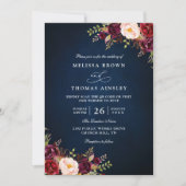 Navy Blue Burgundy Red Floral QR Code Wedding 招待状 (正面)