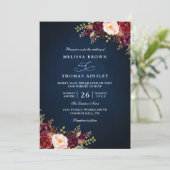 Navy Blue Burgundy Red Floral QR Code Wedding 招待状 (スタンド正面)