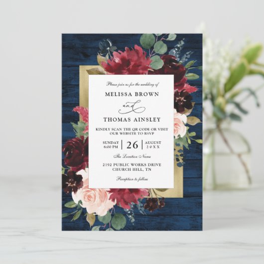 Navy Blue Burgundy Rustic Budget QR Code Wedding 招待状 (スタンド正面)