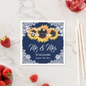 Navy Blue Burlap Floral Lace Sunflower Wedding スタンダードカクテルナプキン (インサイチュ)