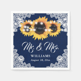 Navy Blue Burlap Floral Lace Sunflower Wedding スタンダードカクテルナプキン