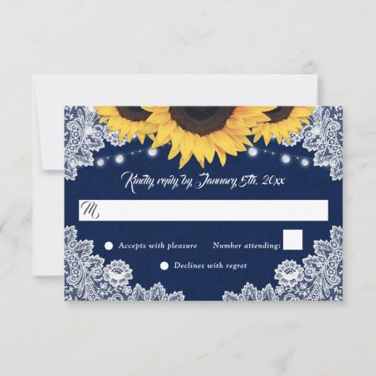 Navy Blue Burlap Floral Lace Sunflower Wedding 出欠カード (正面)
