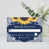 Navy Blue Burlap Floral Lace Sunflower Wedding 出欠カード (スタンド正面)