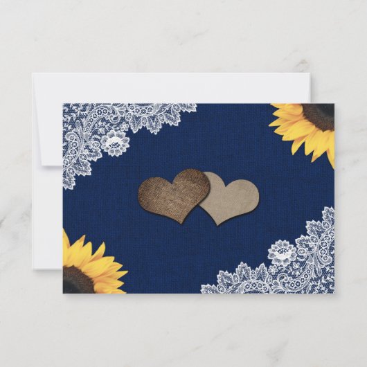Navy Blue Burlap Floral Lace Sunflower Wedding 出欠カード (裏面)