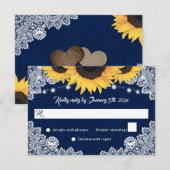 Navy Blue Burlap Floral Lace Sunflower Wedding 出欠カード (正面/裏面)
