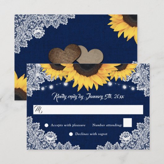 Navy Blue Burlap Floral Lace Sunflower Wedding 出欠カード (正面/裏面)