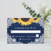 Navy Blue Burlap Lace Sunflower Weding RSVPカード (スタンド正面)