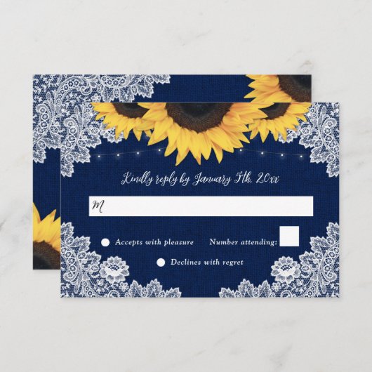 Navy Blue Burlap Lace Sunflower Weding RSVPカード (正面/裏面)