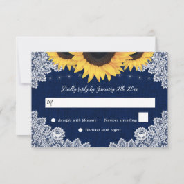 Navy Blue Burlap Lace Sunflower Weding RSVPカード